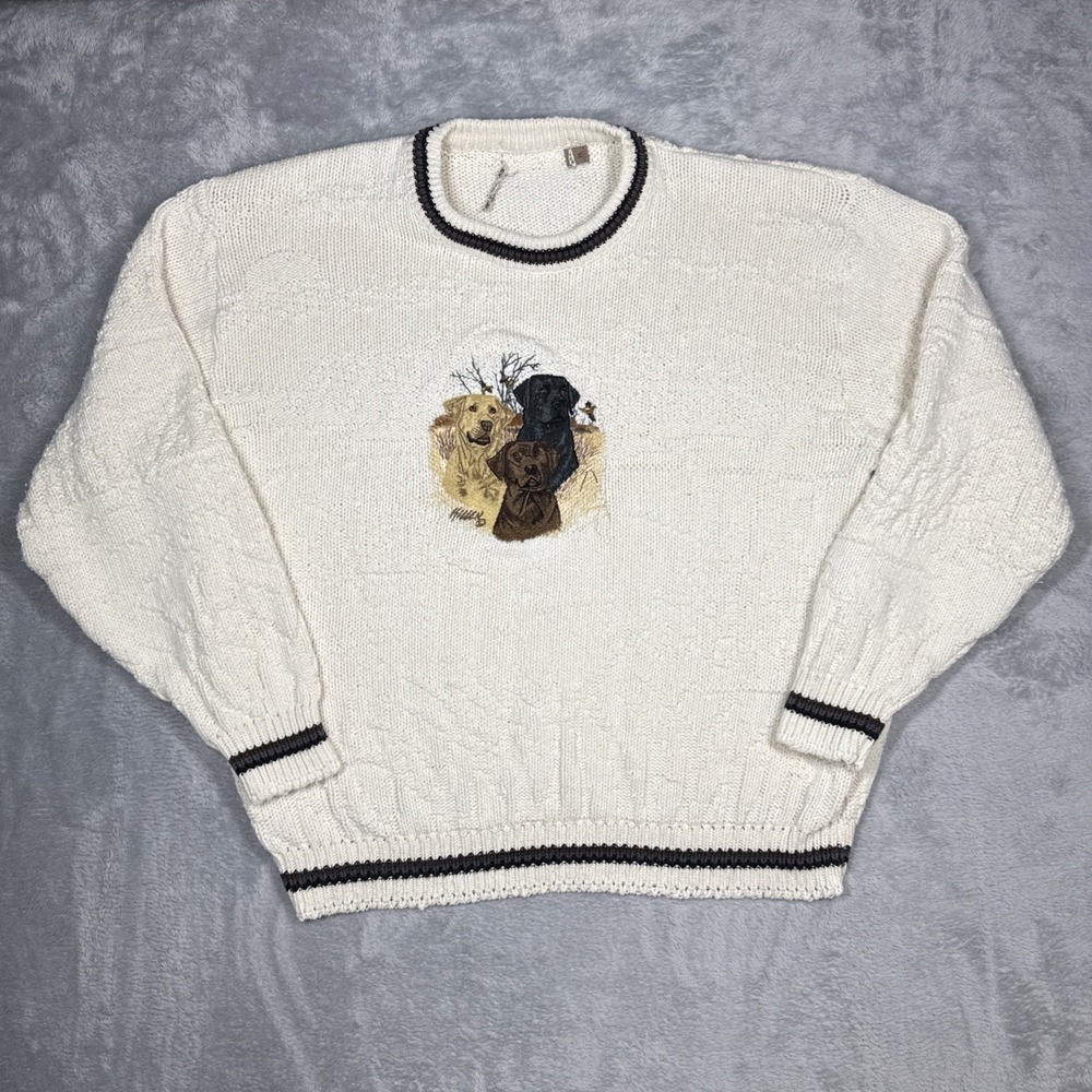 Vintage Shenandoah Sweater Mens XL Ivory Embroidered Lab Dog Textured Knit USA